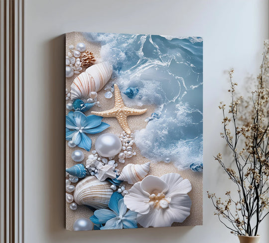 Elegance meets the shore in this luxurious canvas print of pearls, shells, and surf.

