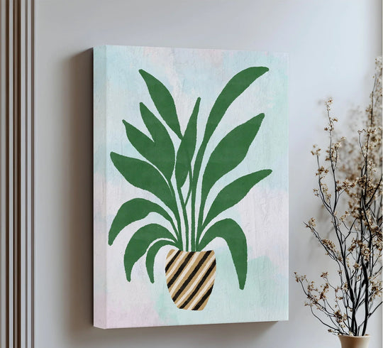 Striped Planter Botanical Art – Minimalist Green Leaf Canvas Print - MyPhotoStation