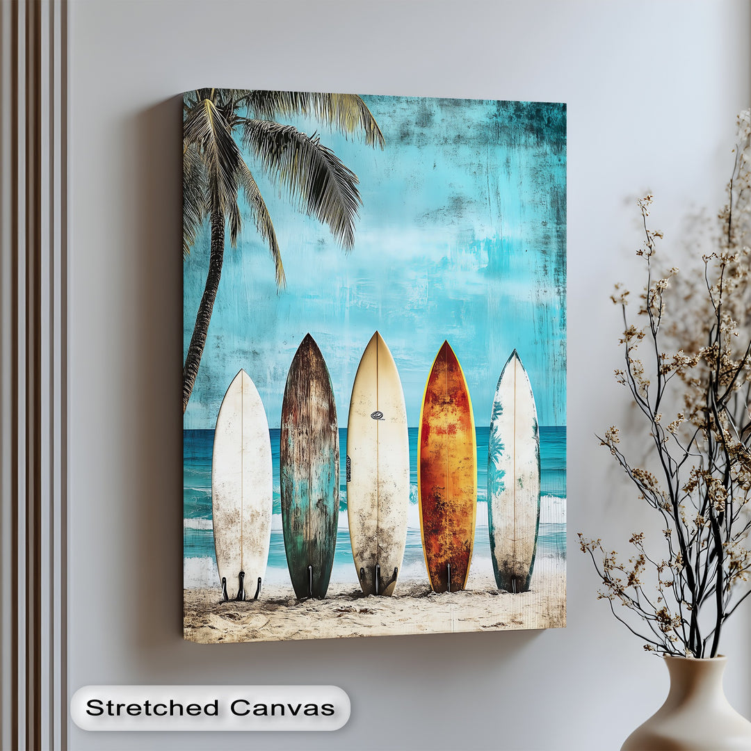 Ride the vibe with this colorful surfboard canvas wall art.

