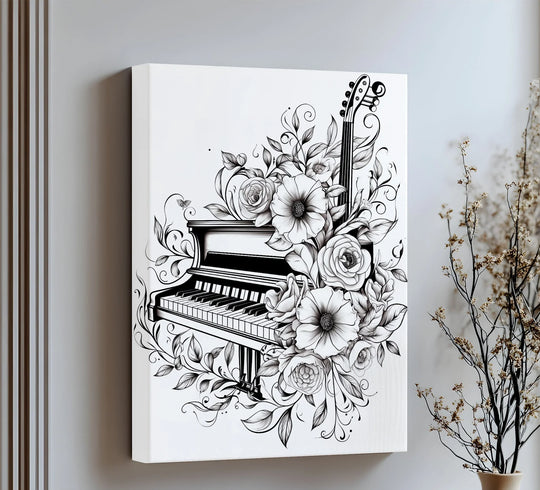 Displaying an abstract quality, the black and white 'Floral Piano & Guitar Fusion' canvas presents big canvas prints with musical instruments entwined in floral art.