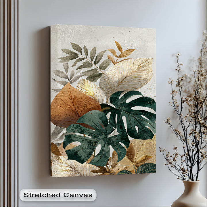 The sharp edge and borders define this vibrant monstera canvas art print, offering a clean, modern gallery look to the tropical leaf wall art.