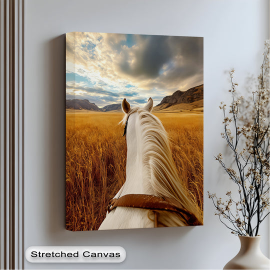 Canvas wall art white horse overlooking a golden field and equestrian design plus rustic home decor
