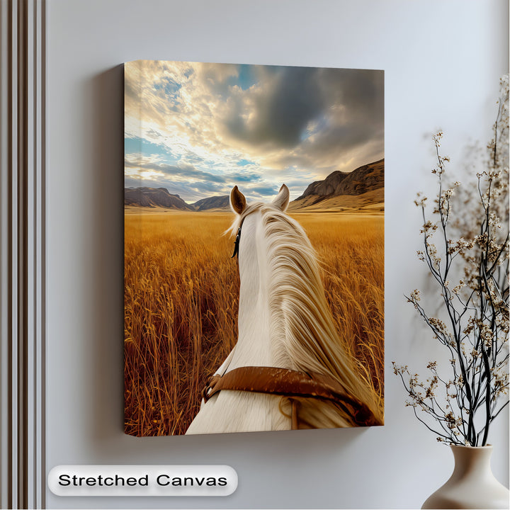 White Horse Overlooking a Golden Field - Horse Canvas Print