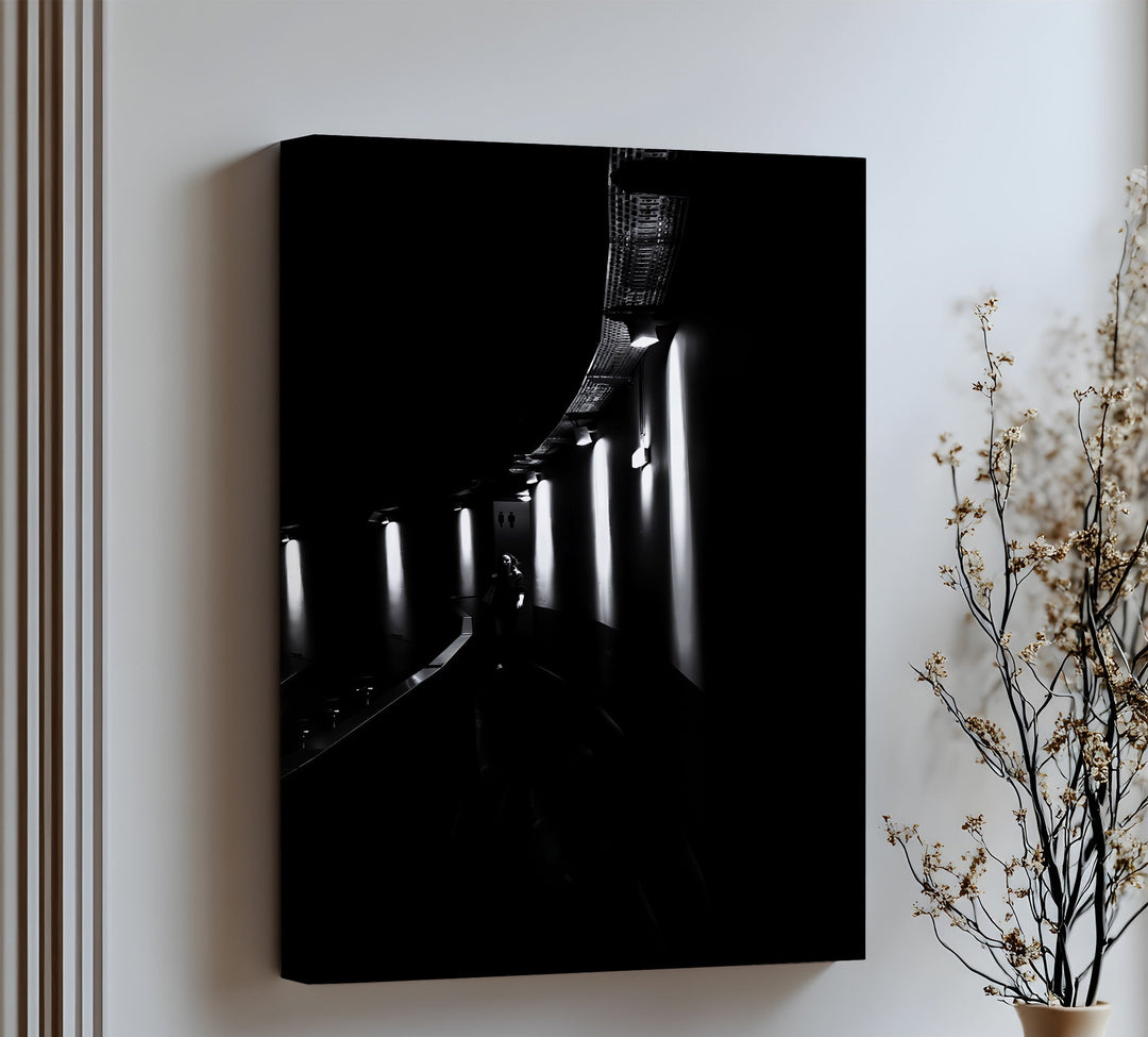 This dramatic canvas wall art captures the mystery of a dimly lit hallway with cinematic flair.

