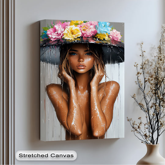 The arresting focal point of this wet woman canvas painting is her striking gaze, complemented by a blooming floral hat, making this large canvas art a captivating piece.