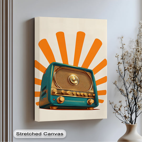 Highlighting the abstract quality, this teal radio canvas art prints displays vintage design and orange sunbursts that create a bold and retro radiance.