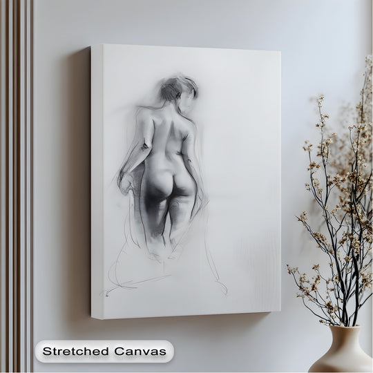 Evoking a fleeting dance, the charcoal nude's fluid lines in this abstract canvas painting capture a beautiful sense of movement across the canvas wall art.