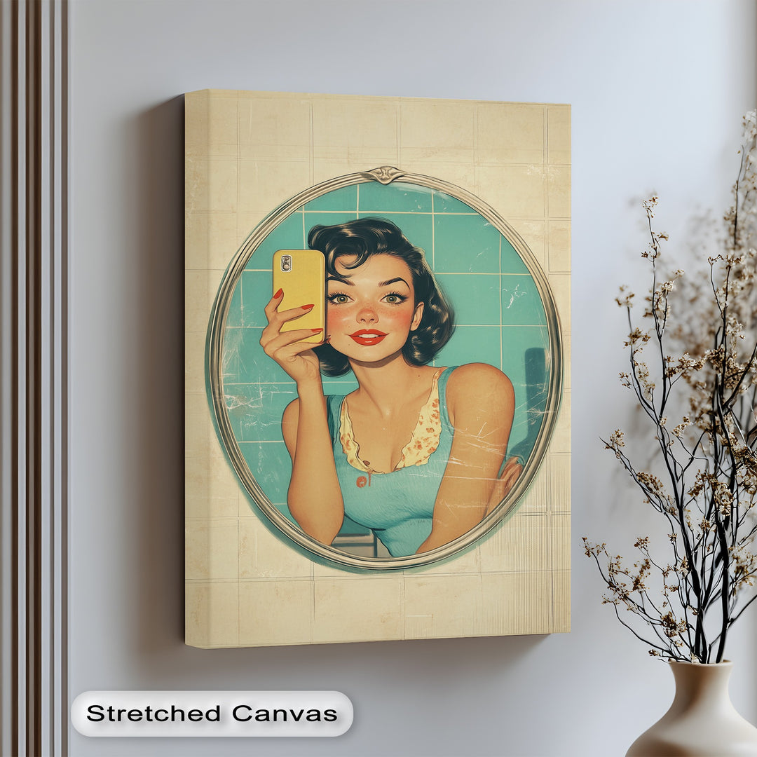 This retro-inspired canvas print blends vintage charm with modern humor, making it a bold and stylish addition to bathrooms, vanities, or dressing areas.

