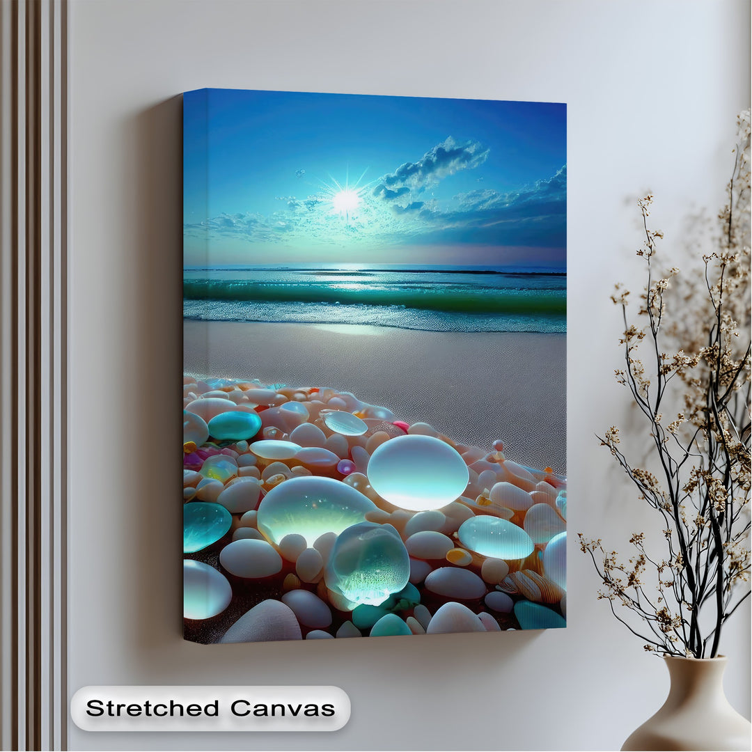 The stretched canvas wall decor showcases a coastal sunset and glowing pebbles, with its edges seamlessly wrapping the serene beach scene.
