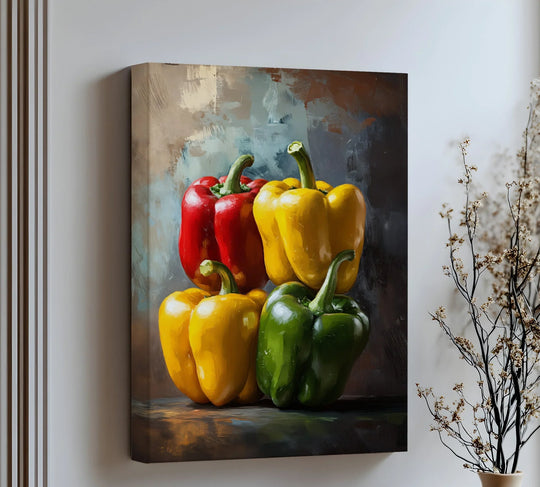 The darkest area highlights the rich contrast in this kitchen still life, a unique canvas print featuring vibrant, stacked bell peppers in red, yellow, and green hues.