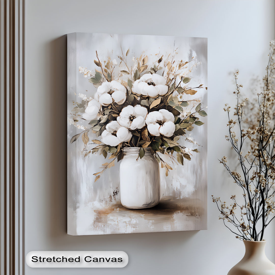 Vintage White Bouquet in Mason Jar – shabby chic floral canvas print

