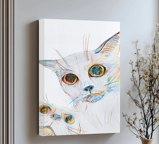 Highlighting the layering effect, this cat canvas print presents abstract cat faces with framed canvas lines in pastel colors for a modern art look.