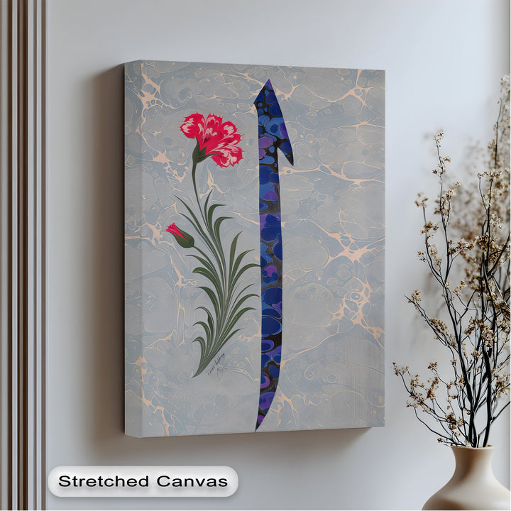 Ottoman Ebru Tulip & Carnation Calligraphy – Islamic Wall Art