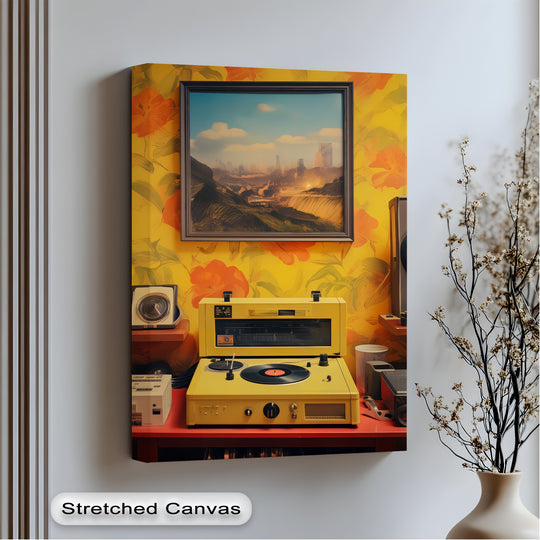 Featuring a floral and patterned background, the sunset groove retro turntable and futuristic landscape high quality canvas prints adds vintage charm.