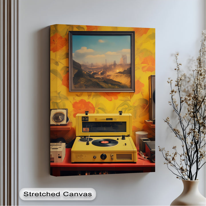 Sunset Groove – Retro Turntable & Futuristic Landscape Canvas Print