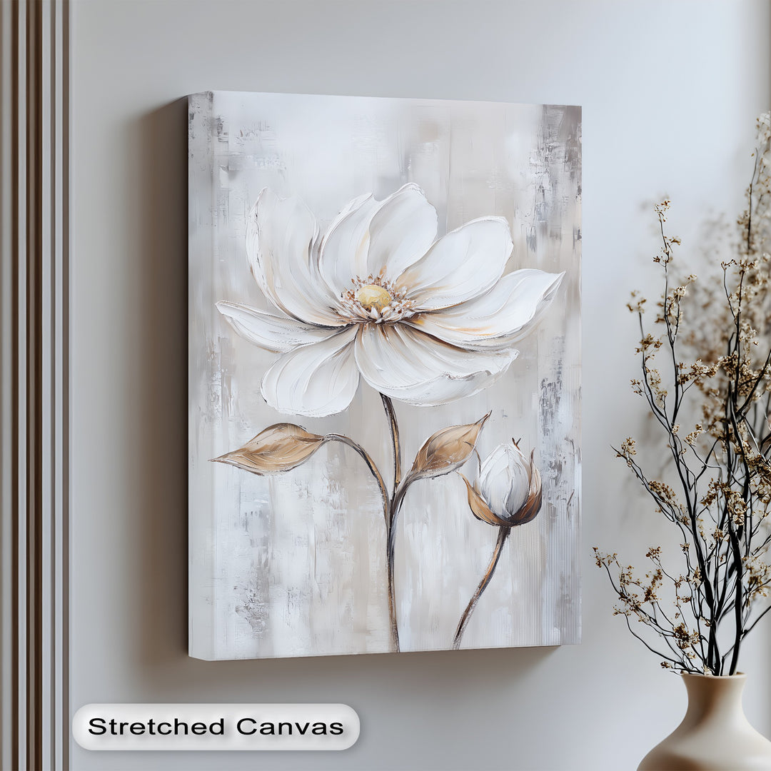 Neutral Blossom Grace – textured white flower canvas print

