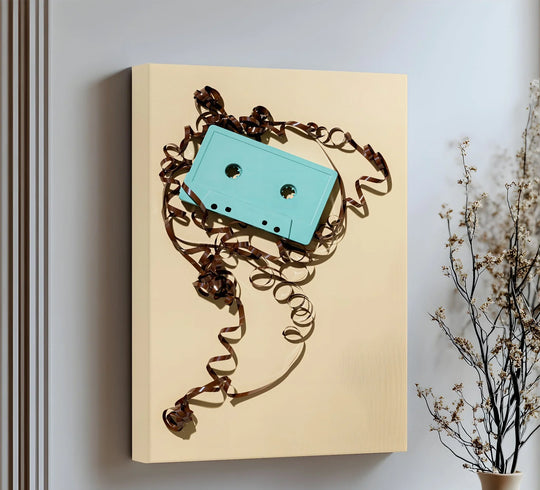 Vertical rectangular canvas painting displays a retro cassette tape entangled in magnetic tape.