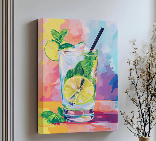 Creating depth and layers, this Mint Splash canvas art print showcases a vibrant mojito cocktail with stacked mint, lemon, and ice details.