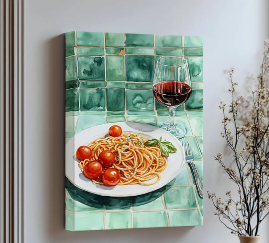 Illuminated, the plate with spaghetti and tomatoes is the brightest area of this canvas print, a rustic and vibrant addition to your collection of canvas pictures.