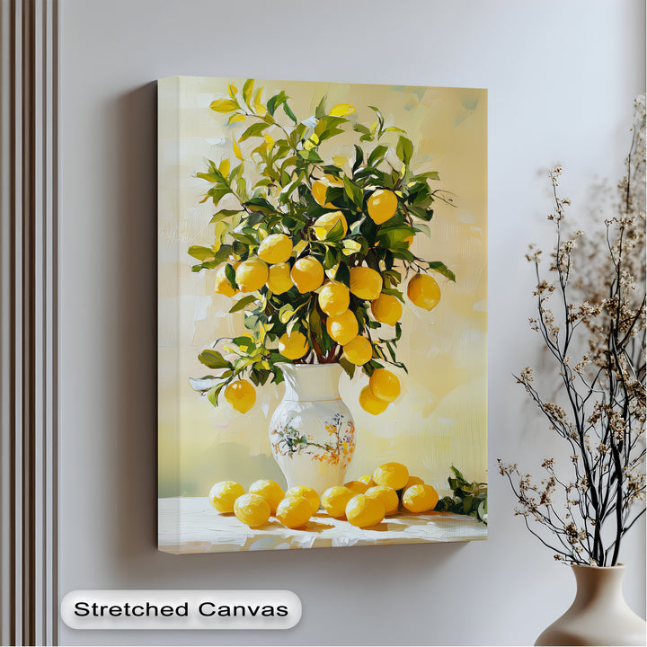 Golden Citrus Bloom – Lemons in Porcelain Vase Canvas Print