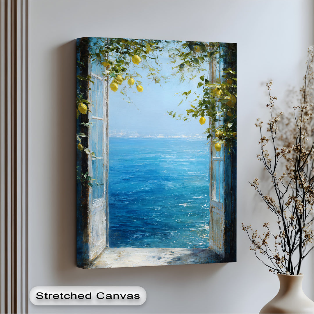 The Mediterranean Lemon Window canvas presents a breathtaking coastal sea view, creating high quality canvas prints perfect for an elegant beach-inspired decor.