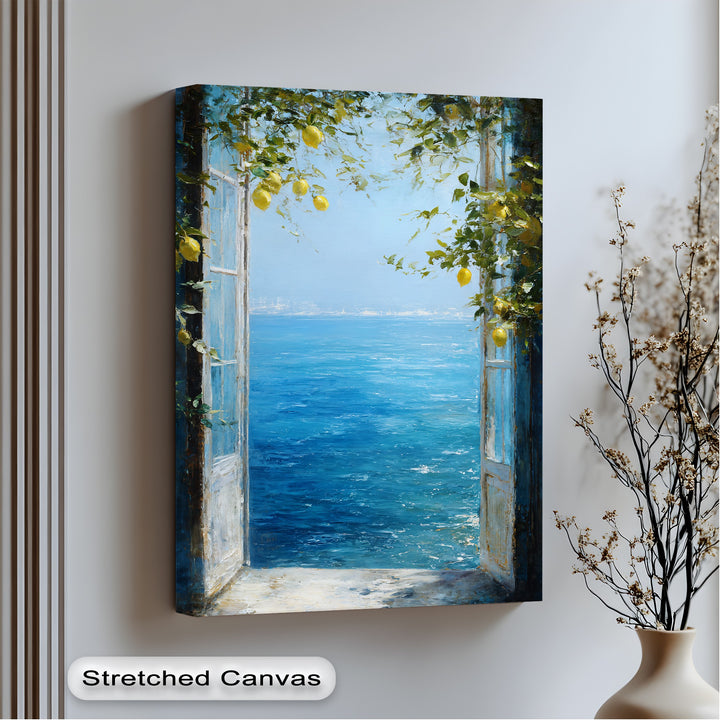 The Mediterranean Lemon Window canvas presents a breathtaking coastal sea view, creating high quality canvas prints perfect for an elegant beach-inspired decor.