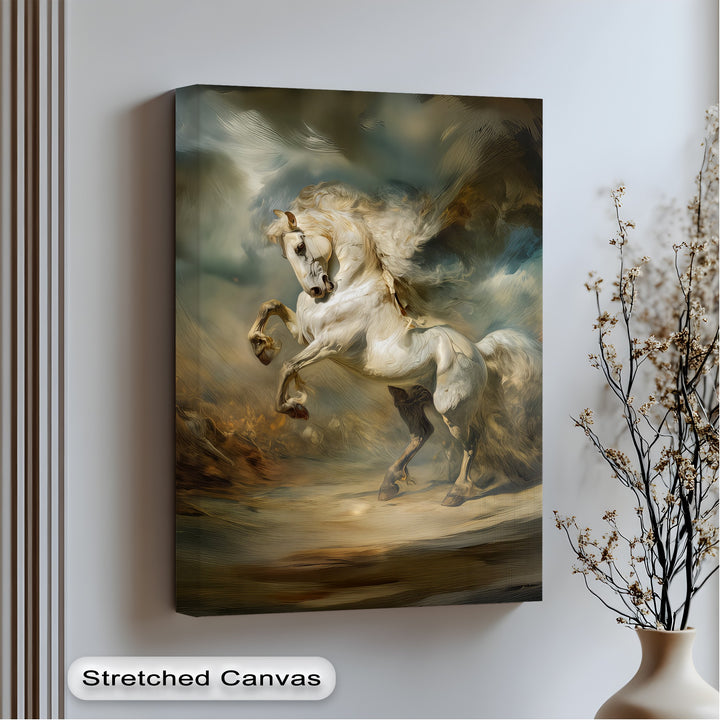 Eclipsed Thunder – Majestic Rearing White Horse Canvas Print