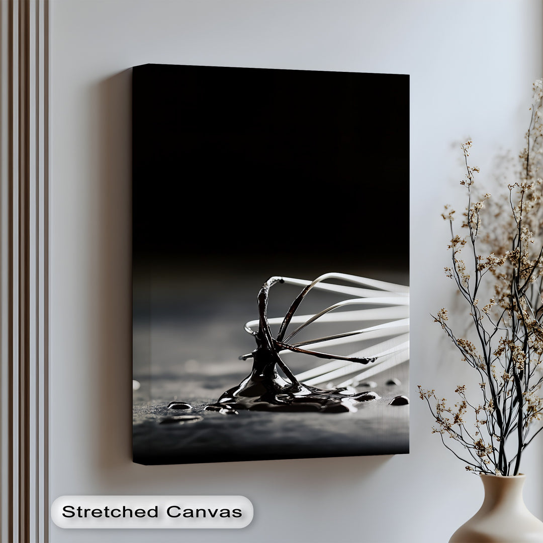Add gourmet flair to your kitchen with this bold canvas wall art featuring a whisk dipped in rich chocolate.

