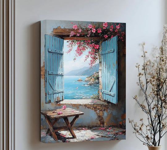 Vertical premium canvas decor displays a rustic Mediterranean window scene with floral accents, overlooking a serene sea view.
