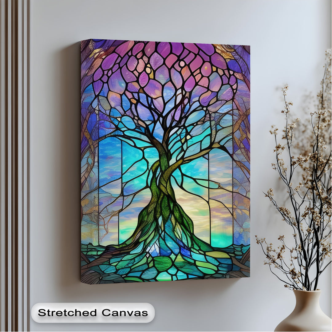The intricate layering effect of this stained glass tree best canvas prints showcases vibrant purple, blue, and green mosaic pieces.