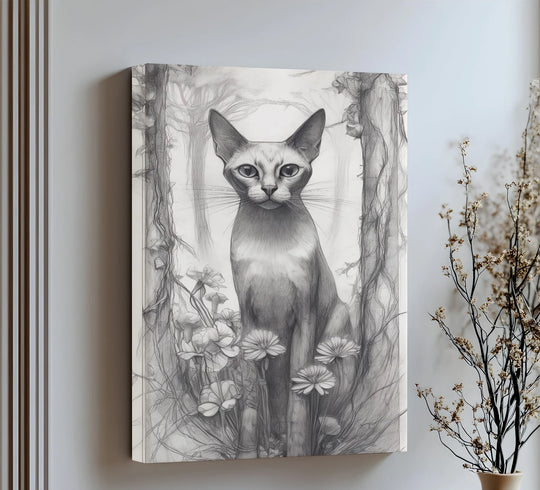 Visible edge detail shows how the cat portrait canvas print with an enchanted woodland scene wraps for a clean, framed canvas presentation.