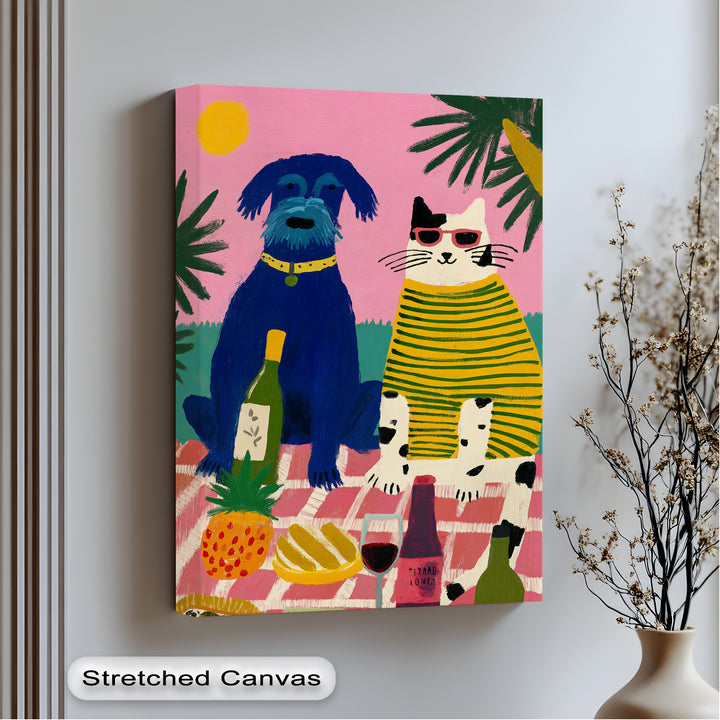 Embracing a breezy rhythm, this playful dog and cat picnic canvas print gives a sense of movement with its vibrant, colorful design, making it one of the best big canvas prints.