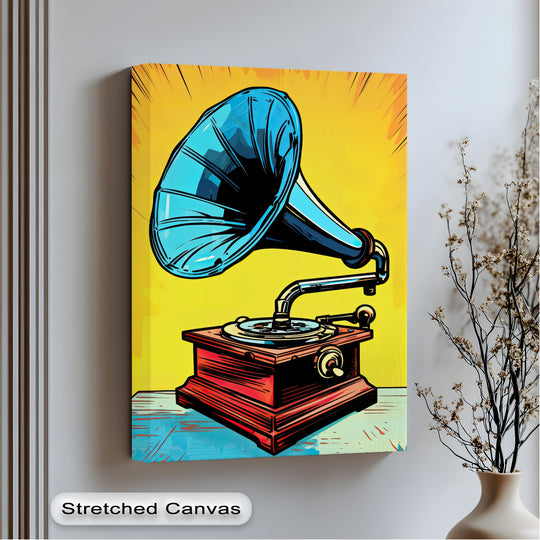 Showcasing the realistic detail, this 'Vinyl Echo' premium canvas decor print features a pop art gramophone with vibrant yellow, red, and blue tones.