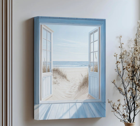 High-quality canvas art featuring an open-door beach scene showcases the durable material of this serene 'Open to the Sea' canvas print.