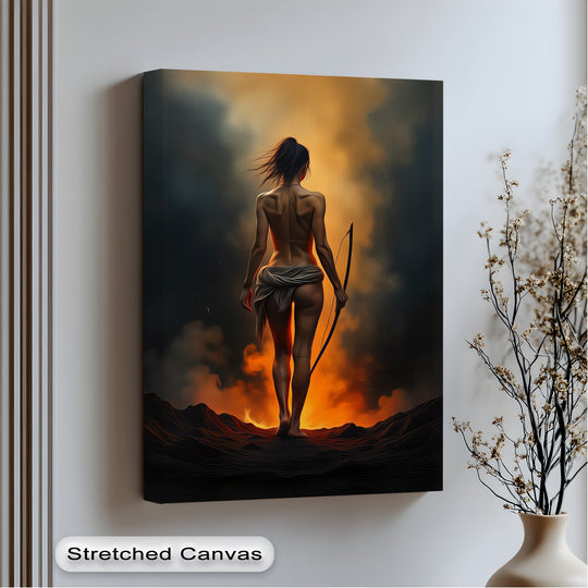 Highlighted by the brightest area, the fiery nude canvas pictures art, titled 'Ashen Huntress,' features a woman emerging from fire and ash in the artwork canvas.