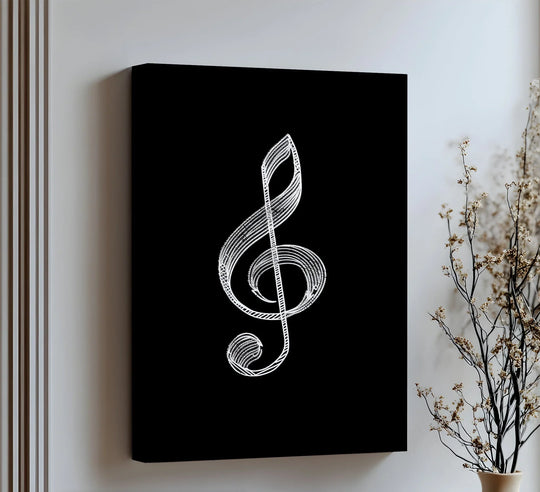 Gallery-worthy finish of the musical symbol canvas print presents a unique canvas print featuring an elegant treble clef line art on a sleek black backdrop.