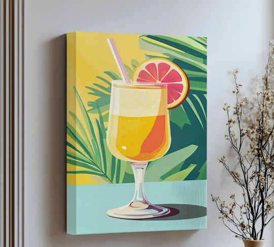 Layered depth is showcased in this Citrus Breeze tropical cocktail canvas art print, with vibrant palm leaves adding dimension to this refreshing image.