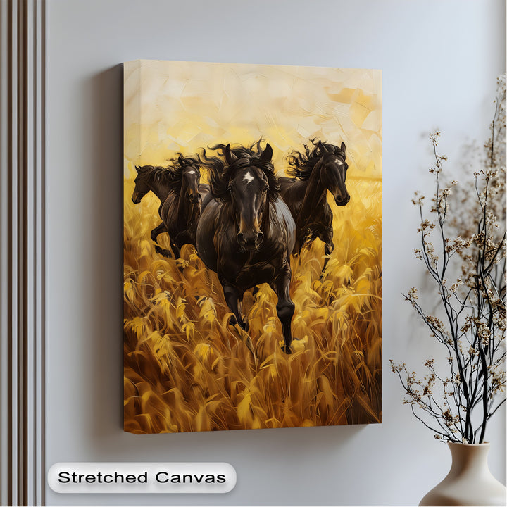Black Horses Running Through a Wheat Field - Horse Canvas Print