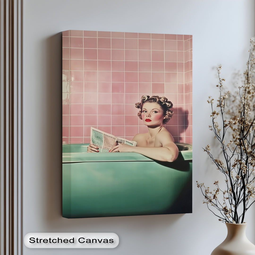 This vintage-style canvas print captures a glamorous 1950s moment with bold colors and nostalgic flair—perfect for retro bathroom or vanity wall decor.

