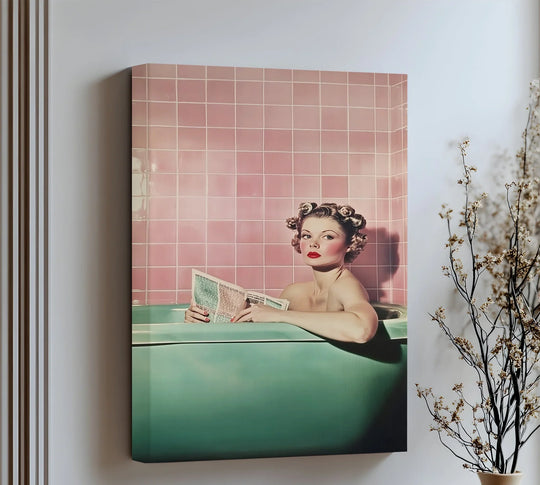 This vintage-style canvas print captures a glamorous 1950s moment with bold colors and nostalgic flair—perfect for retro bathroom or vanity wall decor.

