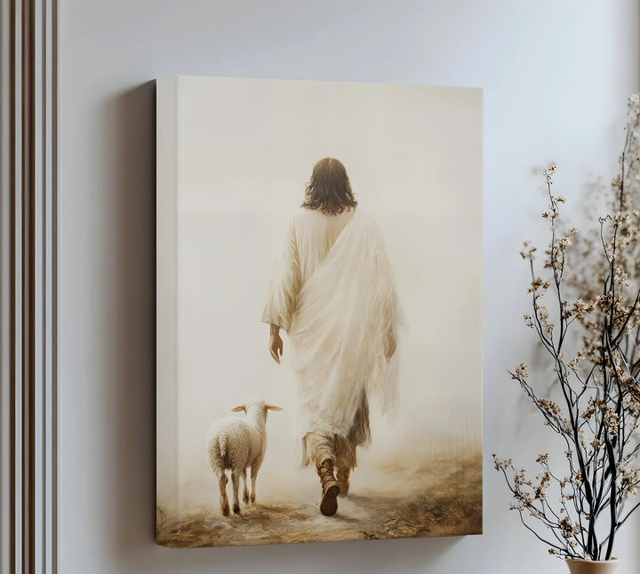 Follow the Shepherd’s path in this peaceful canvas wall art featuring Jesus and a lamb.

