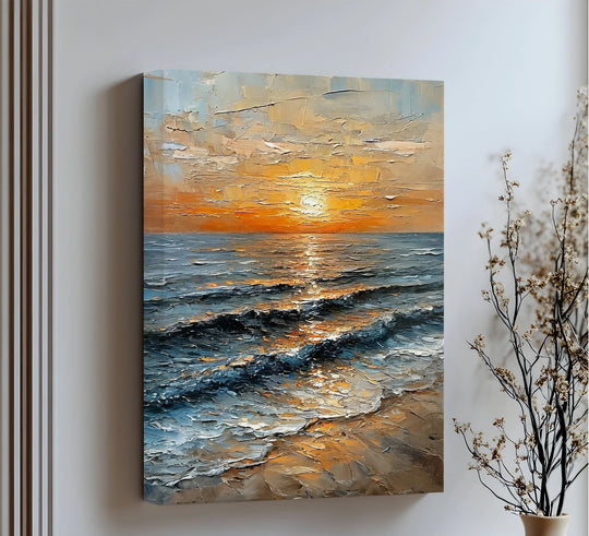 Bold brushstrokes create a captivating golden horizon in this textured sunset seascape canvas pictures, making it the loudest element in this canvas print.
