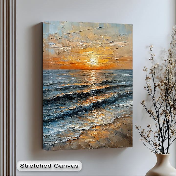 Golden Horizon – Textured Sunset Seascape Canvas Print