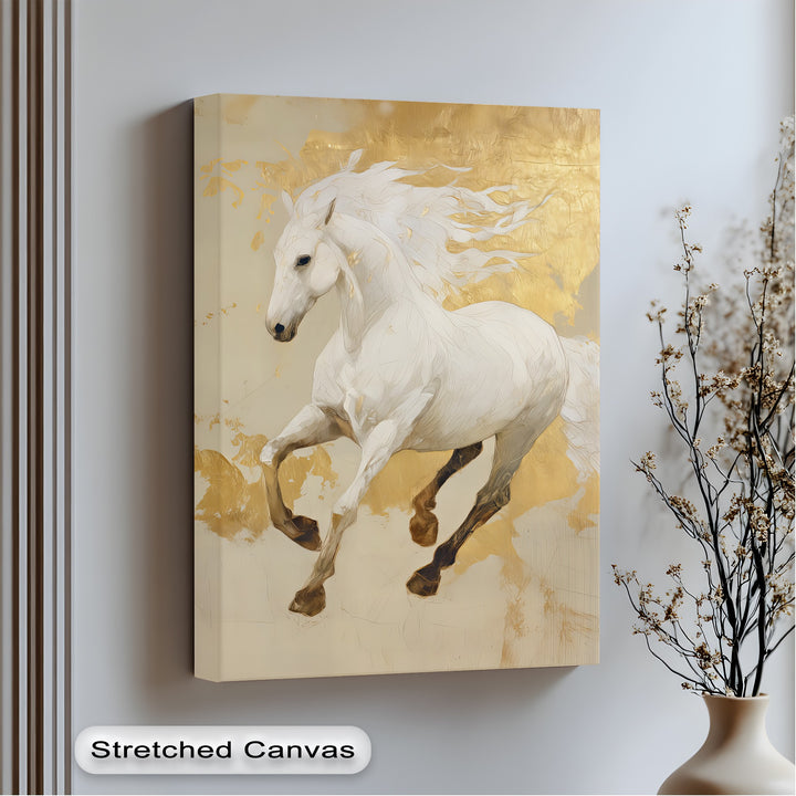 Celestial Charge – Golden White Horse Fantasy Canvas Print