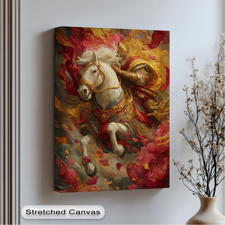 The Crimson Charge – Warrior on White Steed Canvas Print