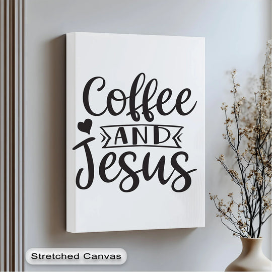 Visual rhythm is created by the contrasting black lettering of 'Coffee and Jesus' on this rectangular hanging canvas, enhancing the minimalist Christian canvas print.