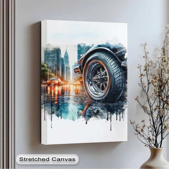Dripping shadows highlight the car's reflection in this urban power and chrome reflections canvas wall art, creating an eye-catching automotive scene.