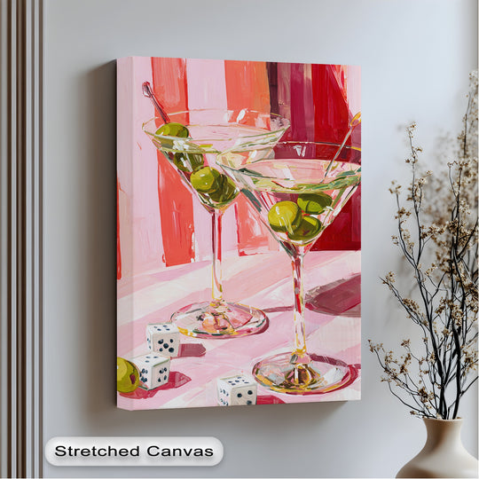 Layering creates depth in this pink martini cocktail canvas print with its unique canvas print featuring martini glasses, olives, and colorful, painterly strokes.