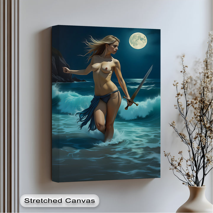 Moonlit Warrior – Sword-Wielding Nude Canvas Wall Art | Abstract Art