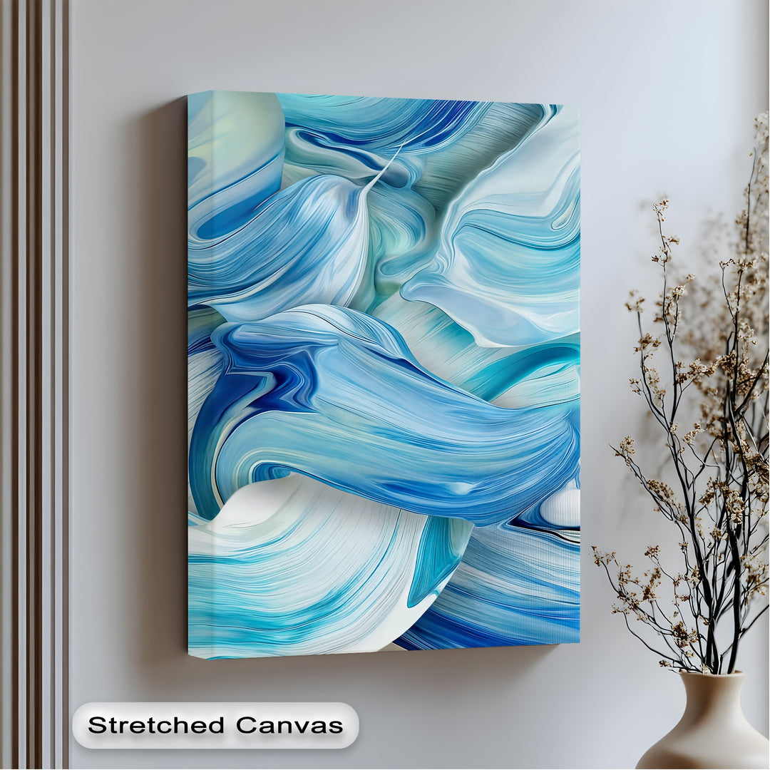 The realistic detail of this Blue Flow canvas pictures features vibrant azure, white, and navy abstract ocean wave forms with fluid lines.